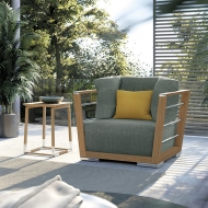 Диван модел Embrace, приозводител Atmosphera, Италия. Градинска мебел с текстила тапицерия и тиково дърво.