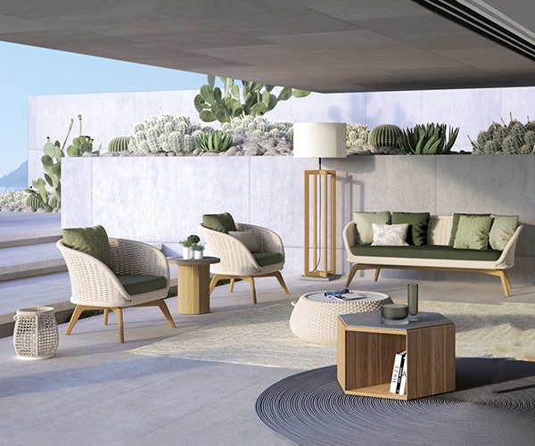 Ludo, Atmosphera. Колекция градинска мебел - дивани, кресла, маси и други, със структура от тиково дърво и синтетичен ратан.
