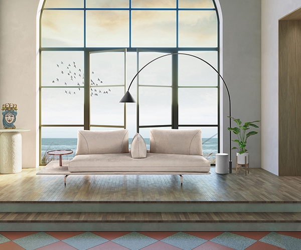 Gianduiotto, Calia. Модерен италиански диван със свободно стоящи възглавници и възможност за добавяне на различни аксесоари.